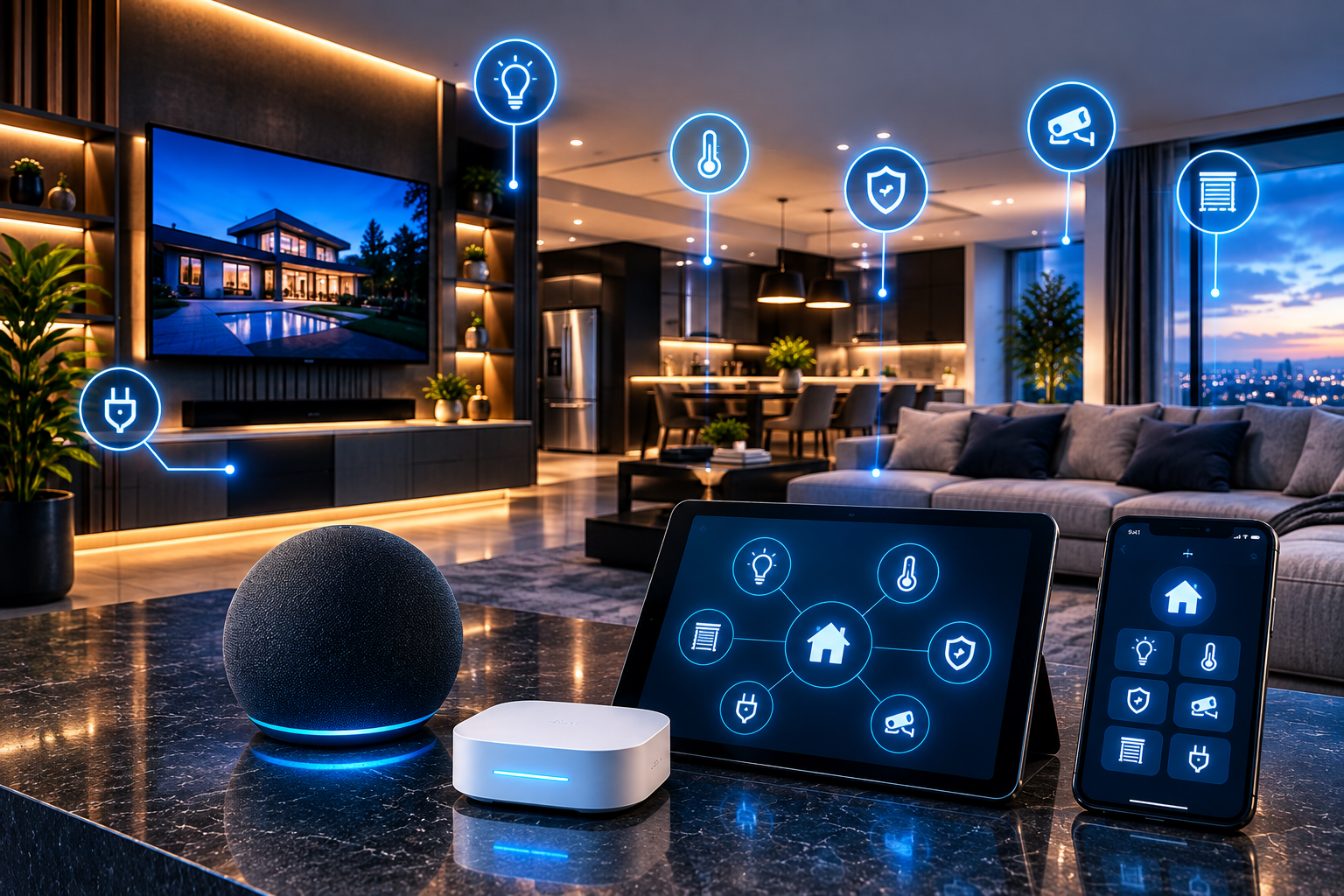 Sala de estar moderna com automação de iluminação